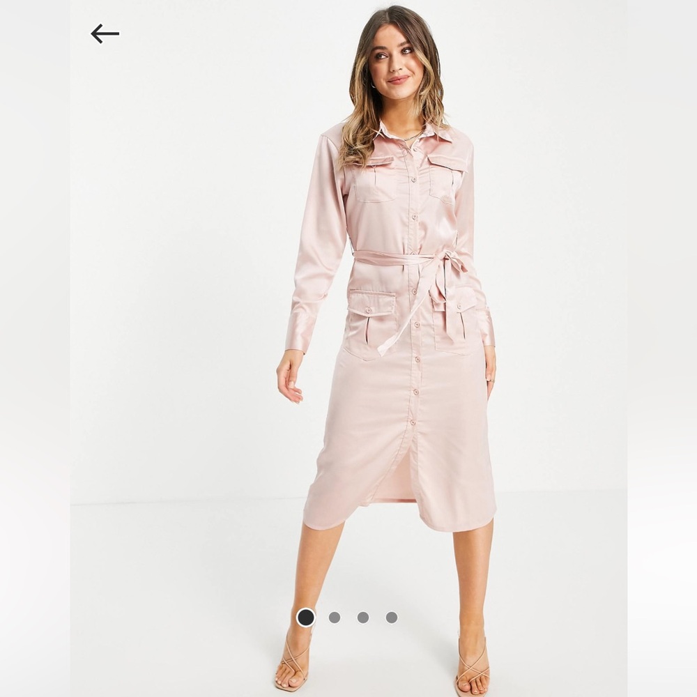 Lola May Tie Waist Satin Midi Shirt Dress in Rose Pink